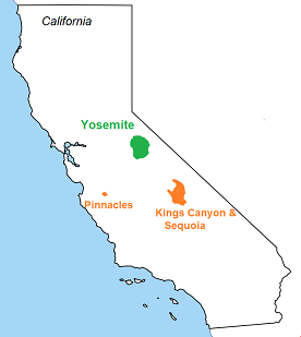 Map of California with Yosemite, Kings Canyon, Sequoia and Pinnacles National Parks