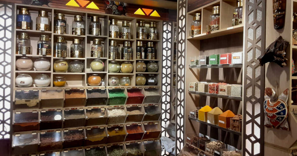 Jars and containers of spice in a spice shop